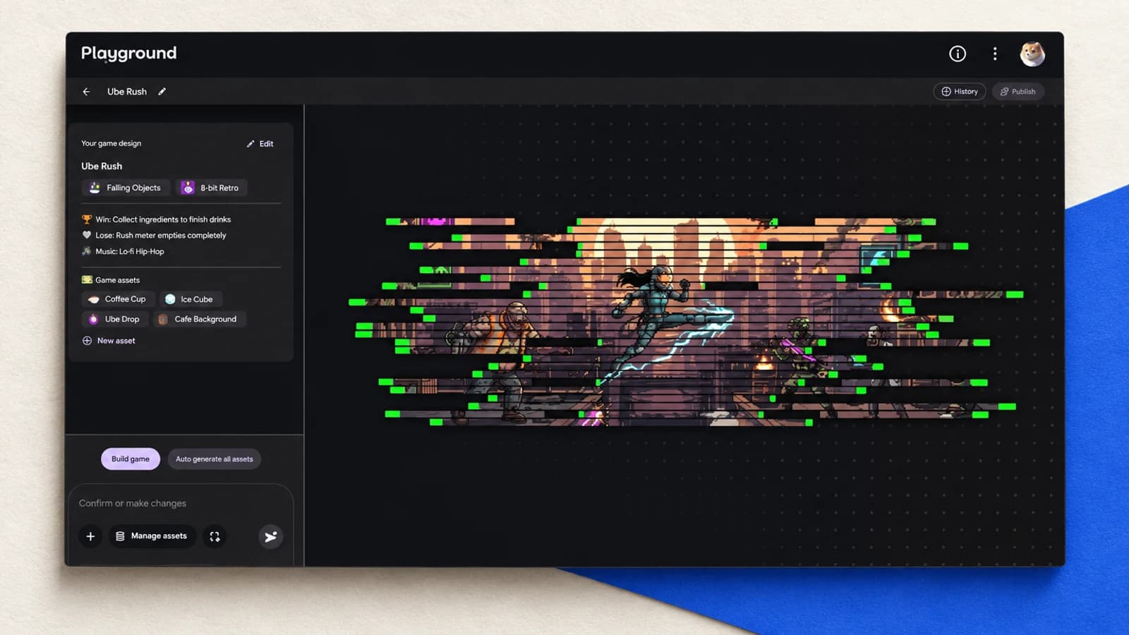 Экран Google Playground: слева открыта панель проекта Ube Rush, справа показан движущийся персонаж на фоне города с полосами цифровых помех.