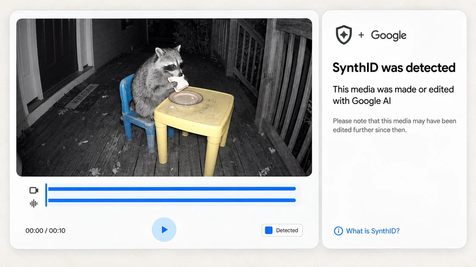Крупный экран SynthID Detector: енот за жёлтым детским столиком, две синие дорожки обнаружения и панель с сообщением о найденной метке.