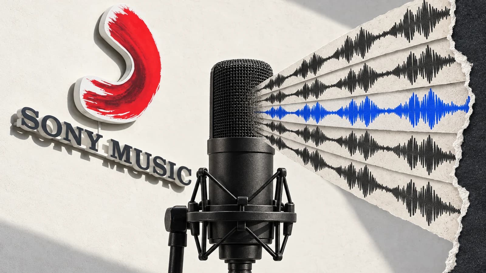 Микрофон перед вывеской Sony Music и повторяющиеся звуковые волны, обрывающиеся как вырванные бумажные полосы.