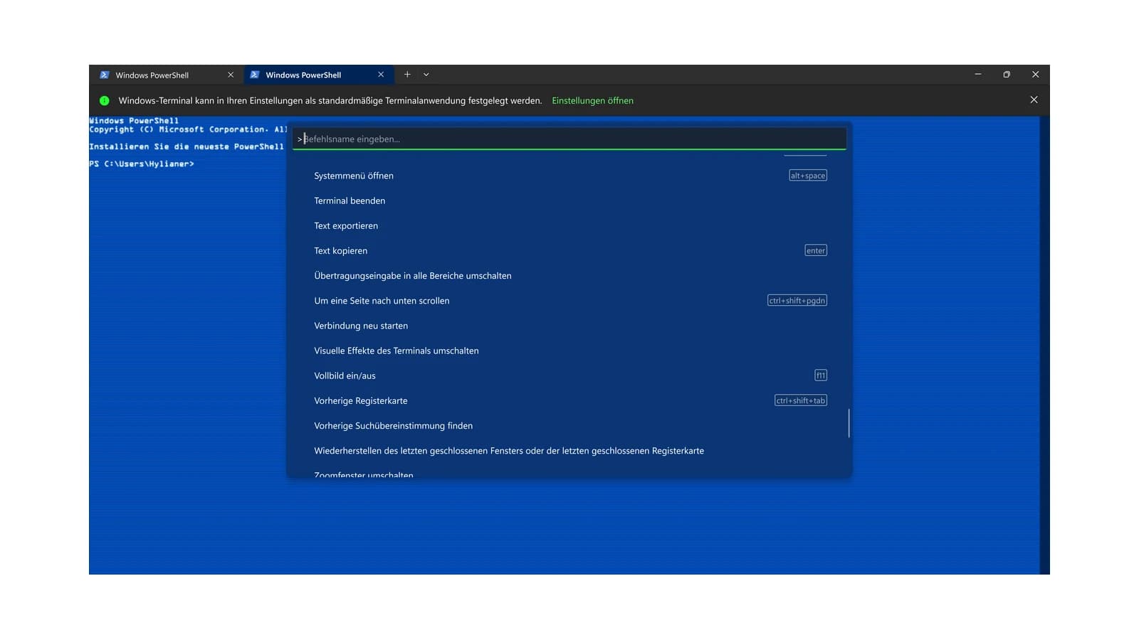 Окно Windows PowerShell с открытой палитрой команд Windows Terminal