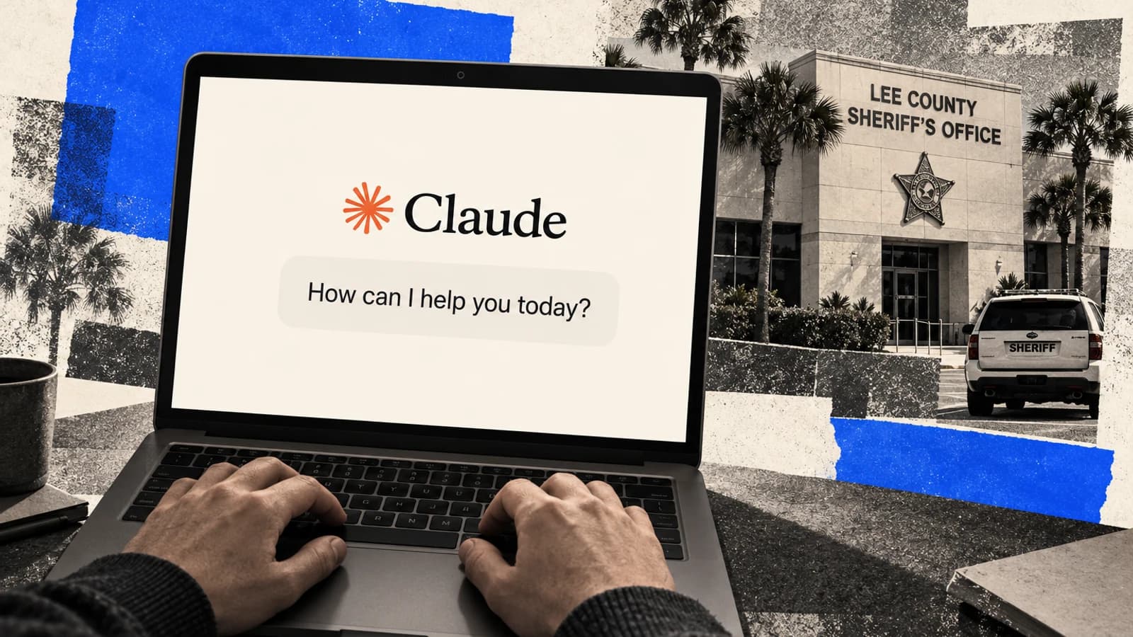 Ноутбук с названием Claude на экране рядом с фрагментом здания офиса шерифа округа Ли.