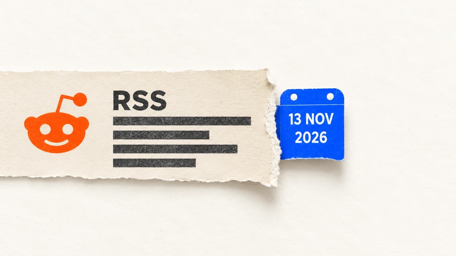 Бумажная лента RSS со знаком Reddit обрывается рядом с датой 13 ноября 2026 года.