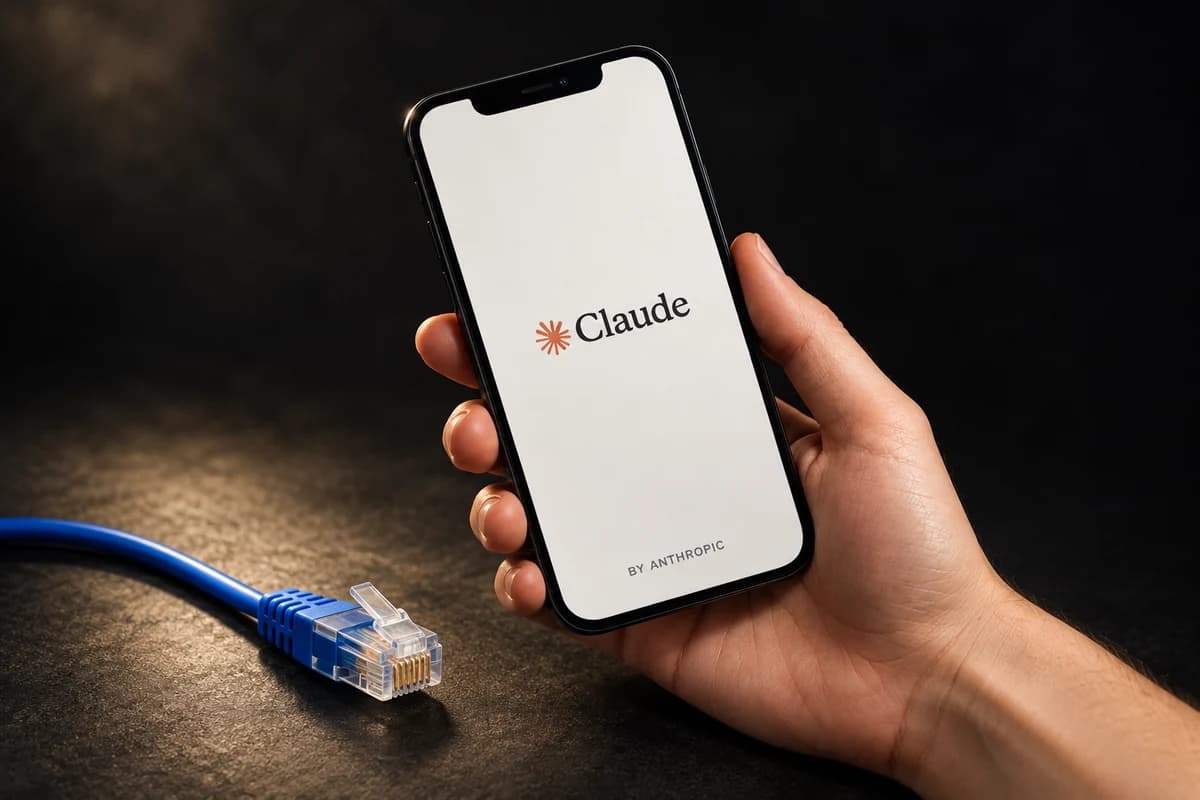 Рука держит смартфон с надписями Claude и BY ANTHROPIC; рядом лежит один отключённый Ethernet-штекер.