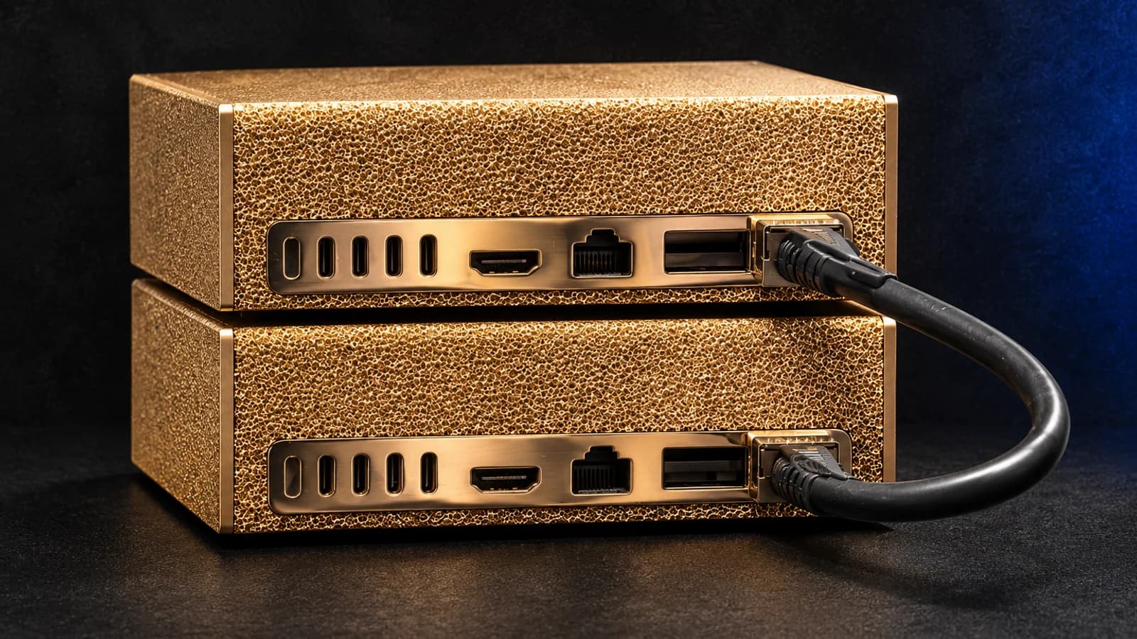 Два компактных ИИ-компьютера NVIDIA DGX Spark, соединённые кабелем в кластер.