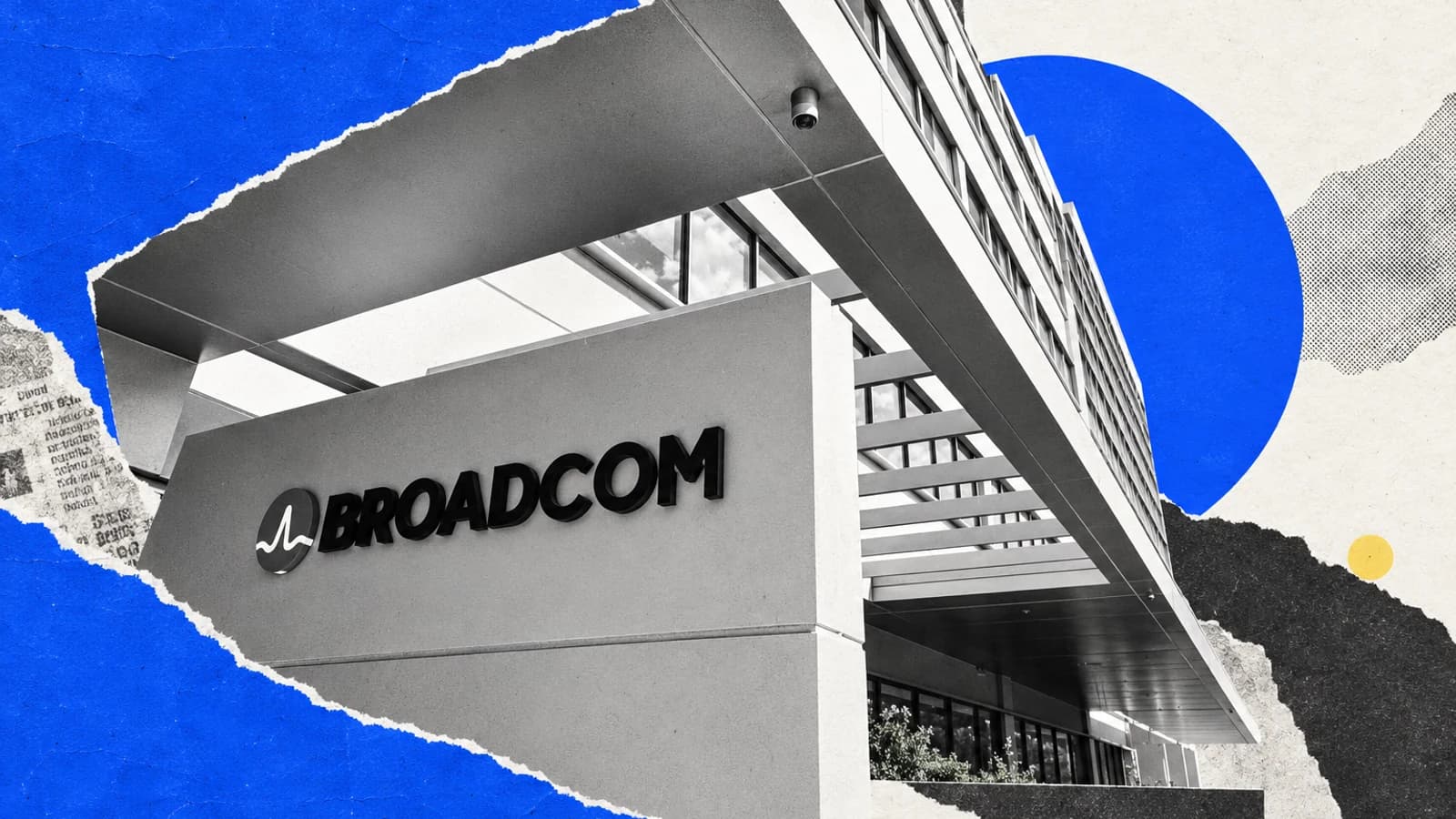 Фасад здания Broadcom с фирменной вывеской — редакционный фотоколлаж.